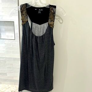 MISS ME Gray and Black Sleeveless Top with Rhinestone and Gold Sequin Detail